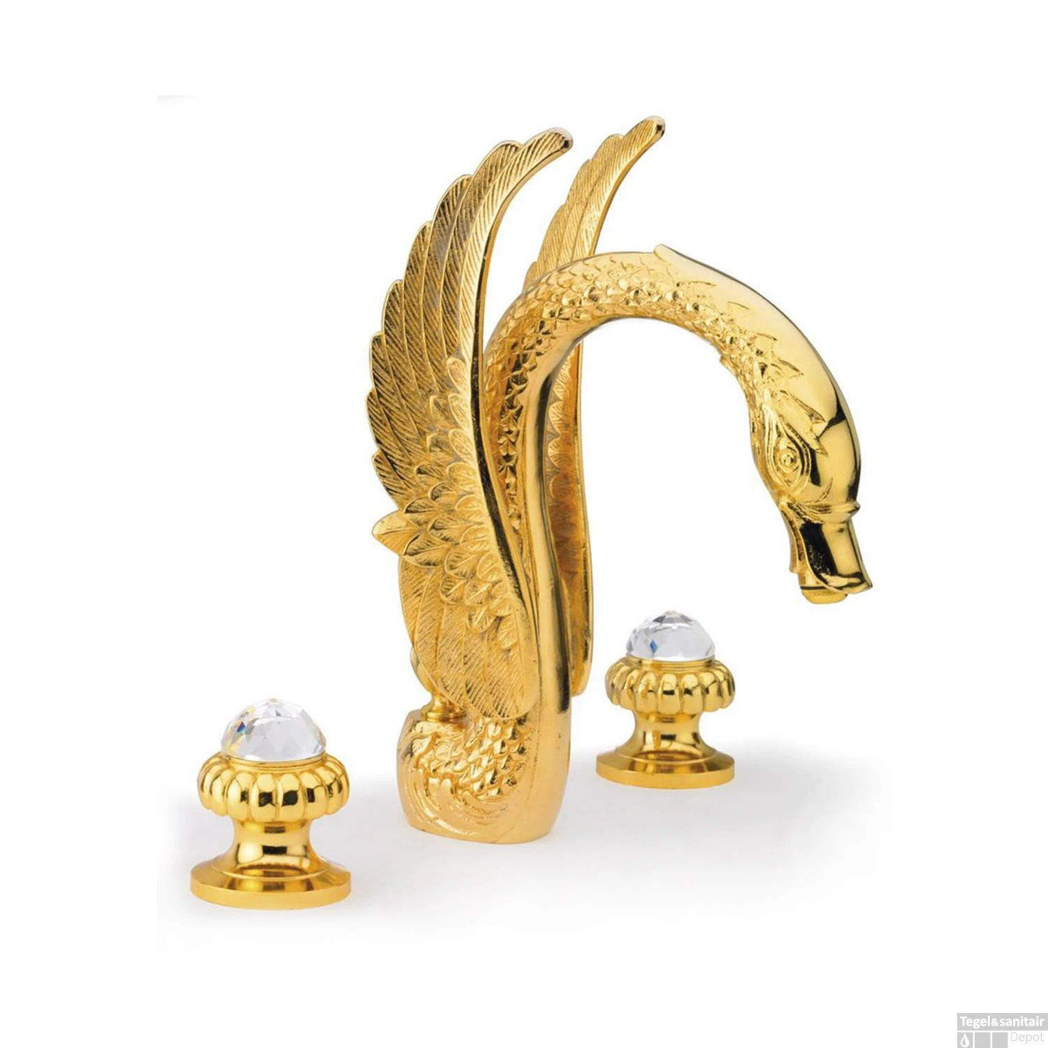 Wastafelmengkraan 3-gats Sapho Crystal 2-knop Zwaan 32 Cm Goud (incl. Waste)