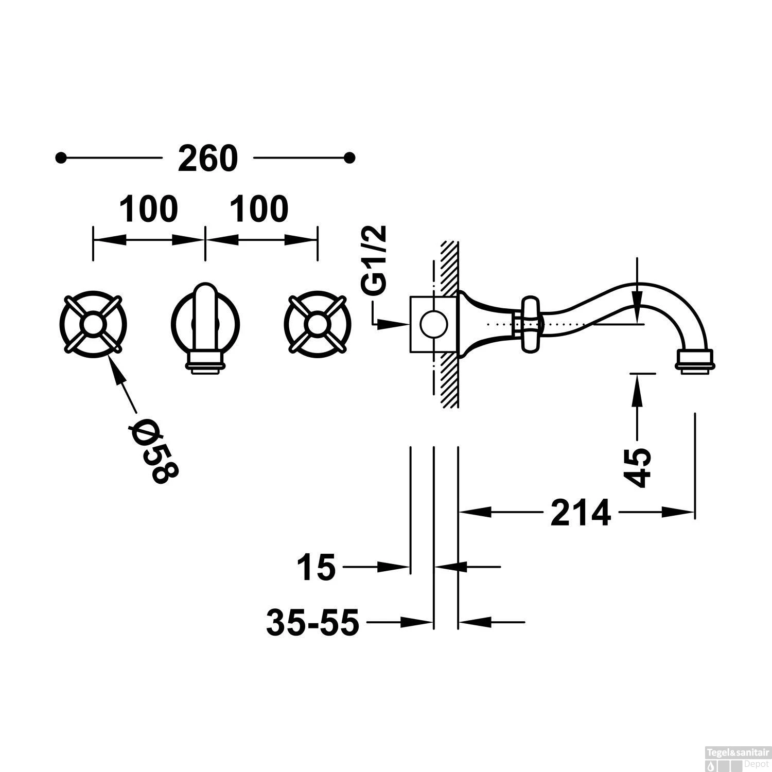 Wastafelmengkraan Tres Clasic Inbouw Kruisgreep RVS 2 Wastafelmengkraan Tres Clasic Inbouw Kruisgreep RVS - Afbeelding 2