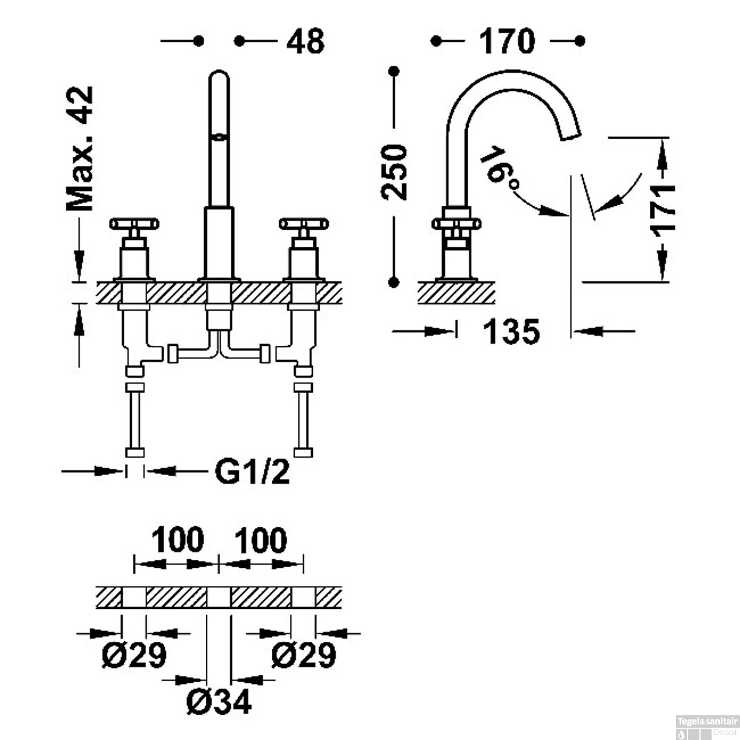 Wastafelmengkraan Tres Mont Blanc 3-Gats Met Twee Grepen Mat Goud 2 Wastafelmengkraan Tres Mont Blanc 3-Gats Met Twee Grepen Mat Goud - Afbeelding 2