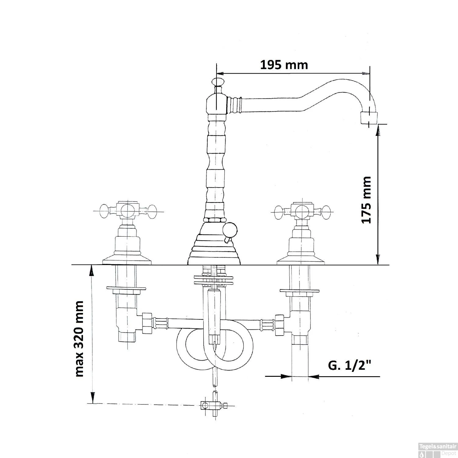 Wastafelmengkraan Retro 3-gats Sapho Antea 2-knop Uitloop Gebogen 17.5 Cm Chroom (incl. Waste) 2 Wastafelmengkraan Retro 3-gats Sapho Antea 2-knop Uitloop Gebogen 17.5 Cm Chroom (incl. Waste) - Afbeelding 2