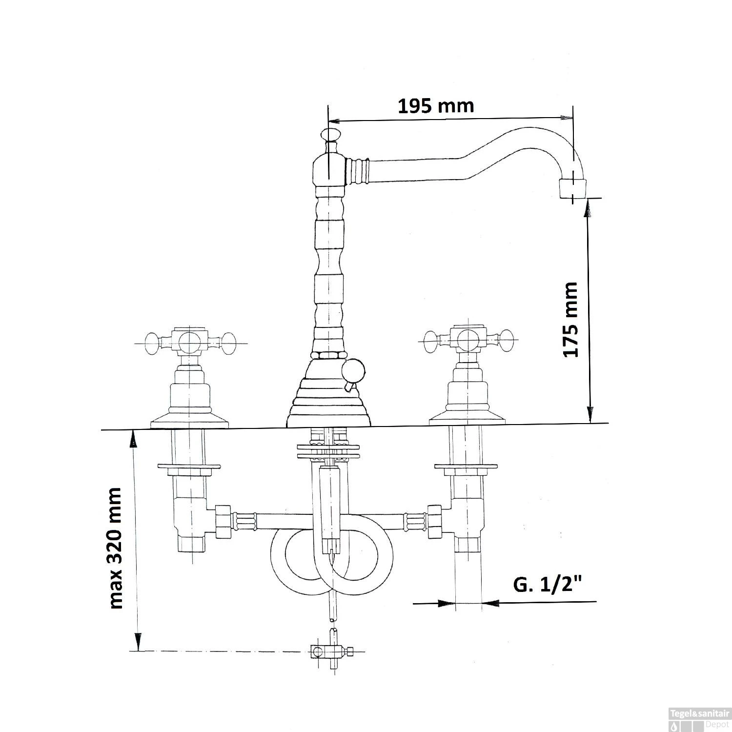 Wastafelmengkraan Retro 3-gats Sapho Antea 2-knop Uitloop Gebogen 17.5 Cm Goud (incl. Waste) - Afbeelding 2