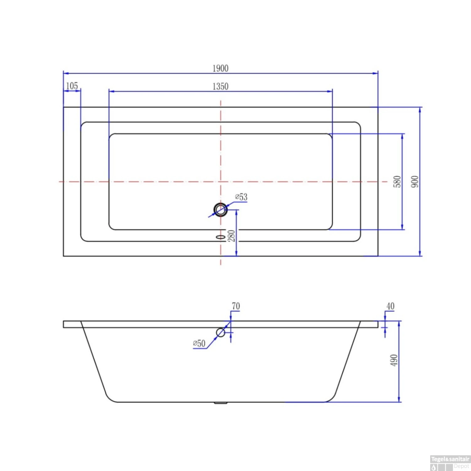 BWS Duo Inbouw Ligbad Santino 190x90x49 Cm Acryl Wit - Afbeelding 4