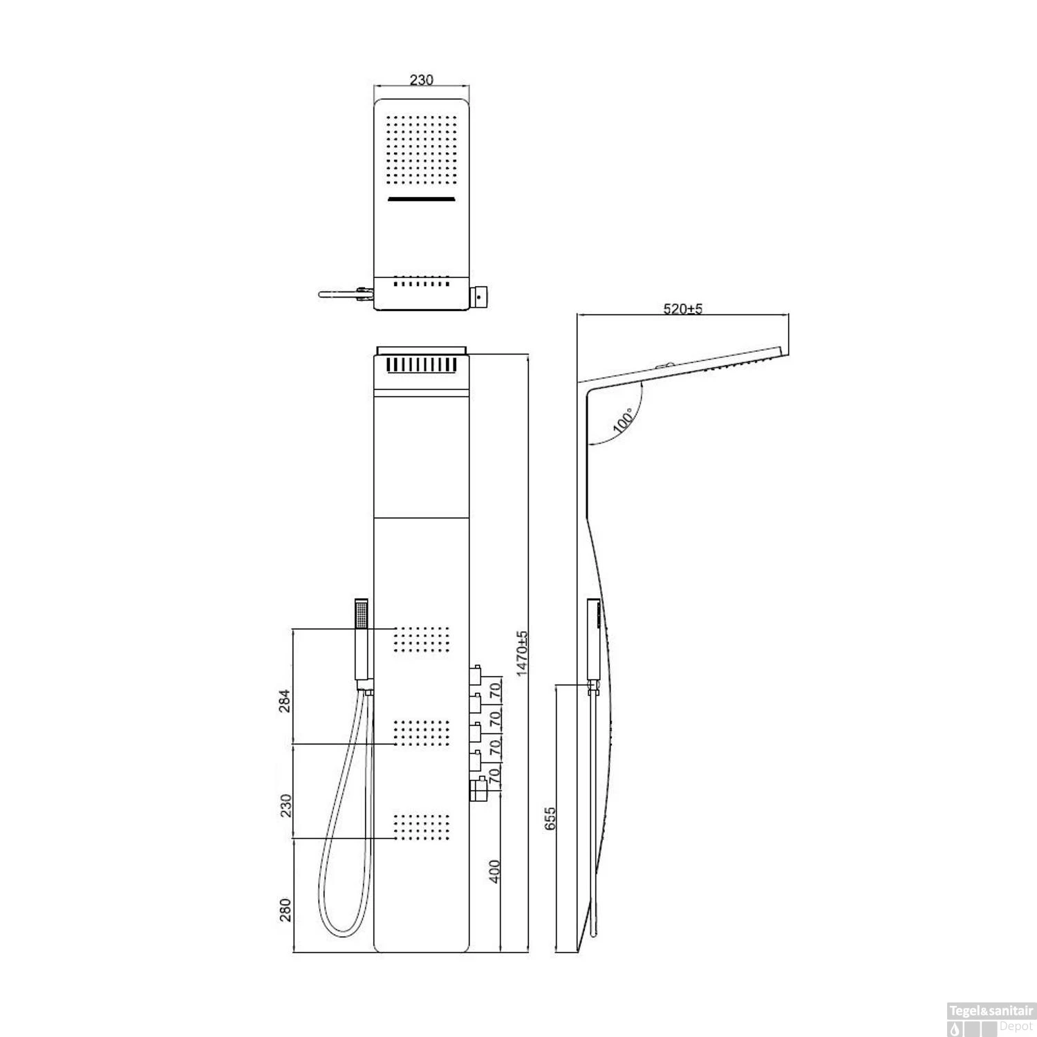 Douchepaneel Best Design Glabach Thermostatisch 147 X 23 Cm Aluminium Wit/Zwart - Afbeelding 2
