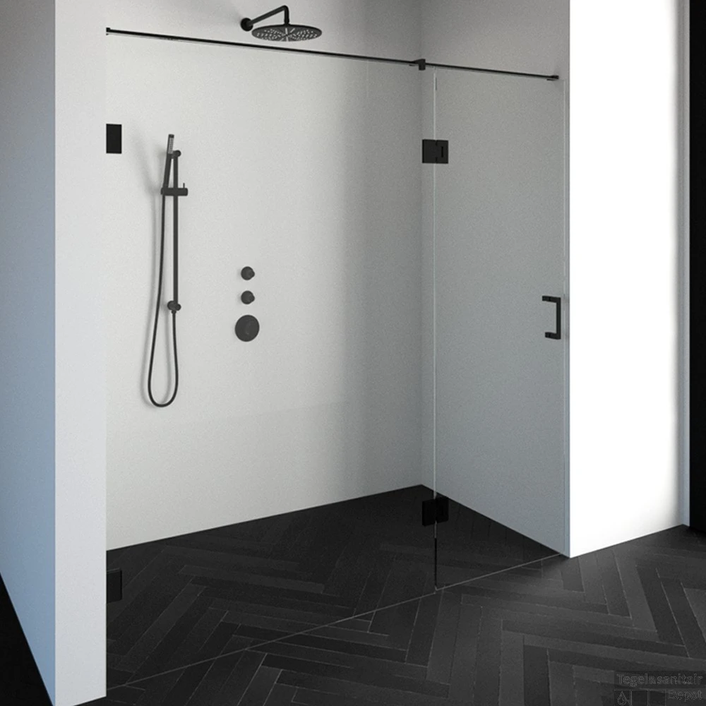 Nisdeur Compleet Just Creating Profielloos 2-Delig (Draaideur Bevestigd Op Inloopwand) 200x200 Cm 130/70 Mat Zwart 2 Nisdeur Compleet Just Creating Profielloos 2-Delig (Draaideur Bevestigd Op Inloopwand) 200x200 Cm 130/70 Mat Zwart - Afbeelding 2