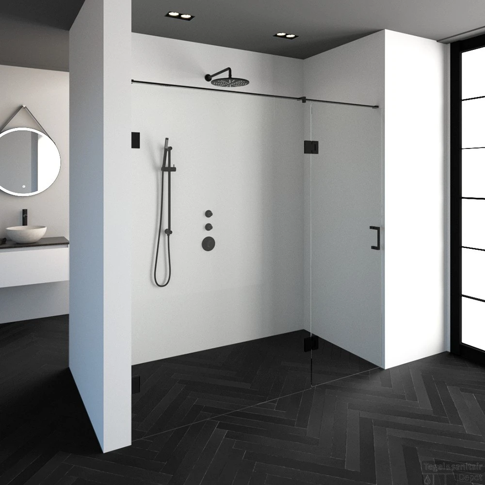 Nisdeur Compleet Just Creating Profielloos 2-Delig (Draaideur Bevestigd Op Inloopwand) 200x200 Cm 130/70 Mat Zwart 1 Nisdeur Compleet Just Creating Profielloos 2-Delig (Draaideur Bevestigd Op Inloopwand) 200x200 Cm 130/70 Mat Zwart