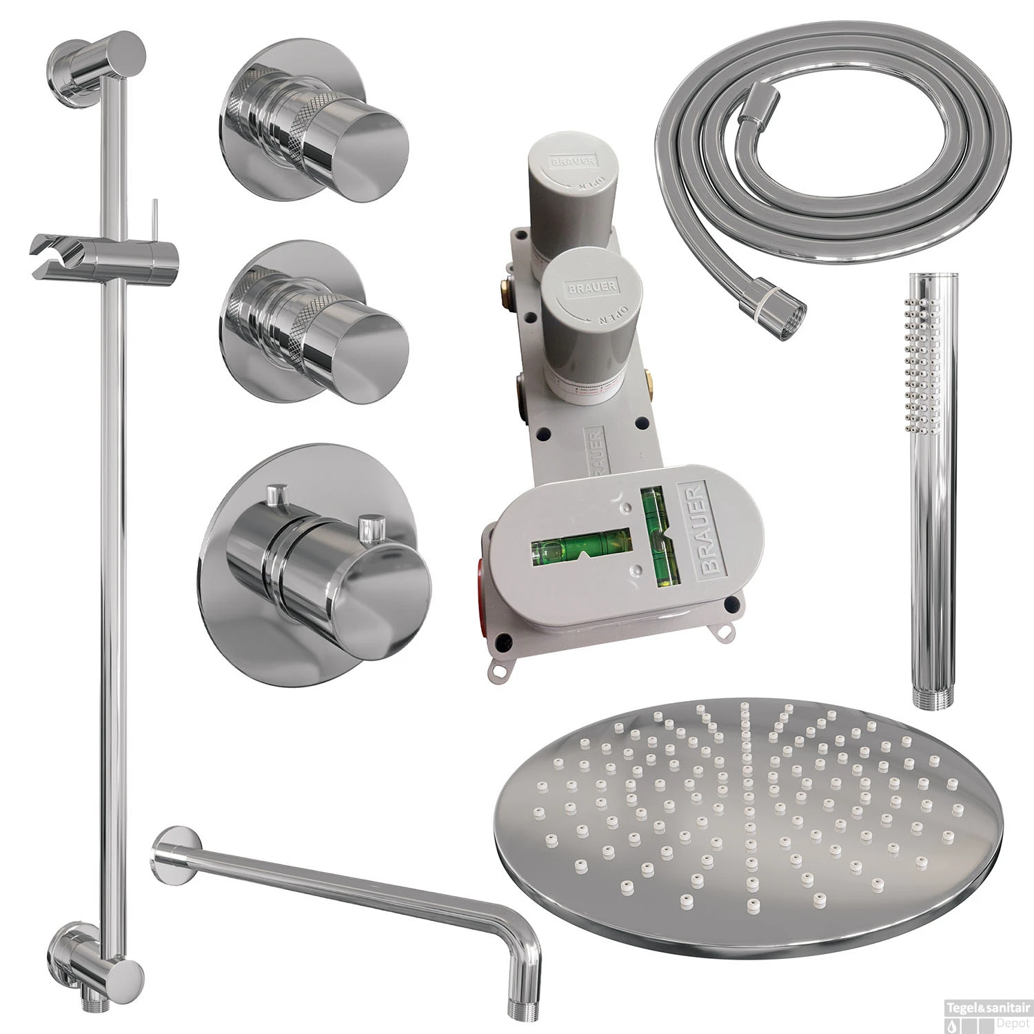 Regendoucheset Inbouw Brauer Chrome Edition Thermostatisch 30cm Met Gebogen Wandarm, Glijstang En Handdouche Staaf Losse Stopkranen Chroom 2 Regendoucheset Inbouw Brauer Chrome Edition Thermostatisch 30cm Met Gebogen Wandarm, Glijstang En Handdouche Staaf Losse Stopkranen Chroom - Afbeelding 2