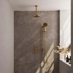 Regendoucheset Inbouw Brauer Gold Edition Thermostatisch 20cm Met 3-Weg Omstelling, Plafondarm, Glijstang En Handdouche 3-Standen Geborsteld Goud