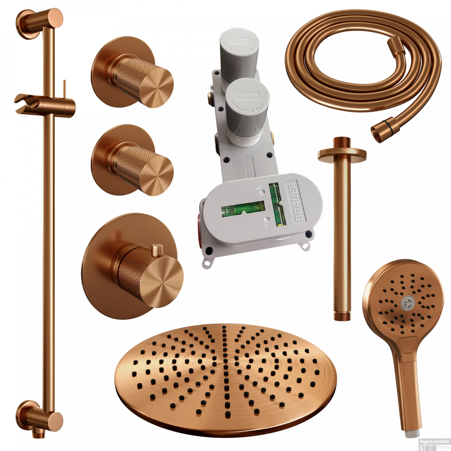 Regendoucheset Inbouw Brauer Copper Carving Thermostatisch 30cm Met Plafondarm, Glijstang En Handdouche 3-Standen Geborsteld Koper 2 Regendoucheset Inbouw Brauer Copper Carving Thermostatisch 30cm Met Plafondarm, Glijstang En Handdouche 3-Standen Geborsteld Koper - Afbeelding 2