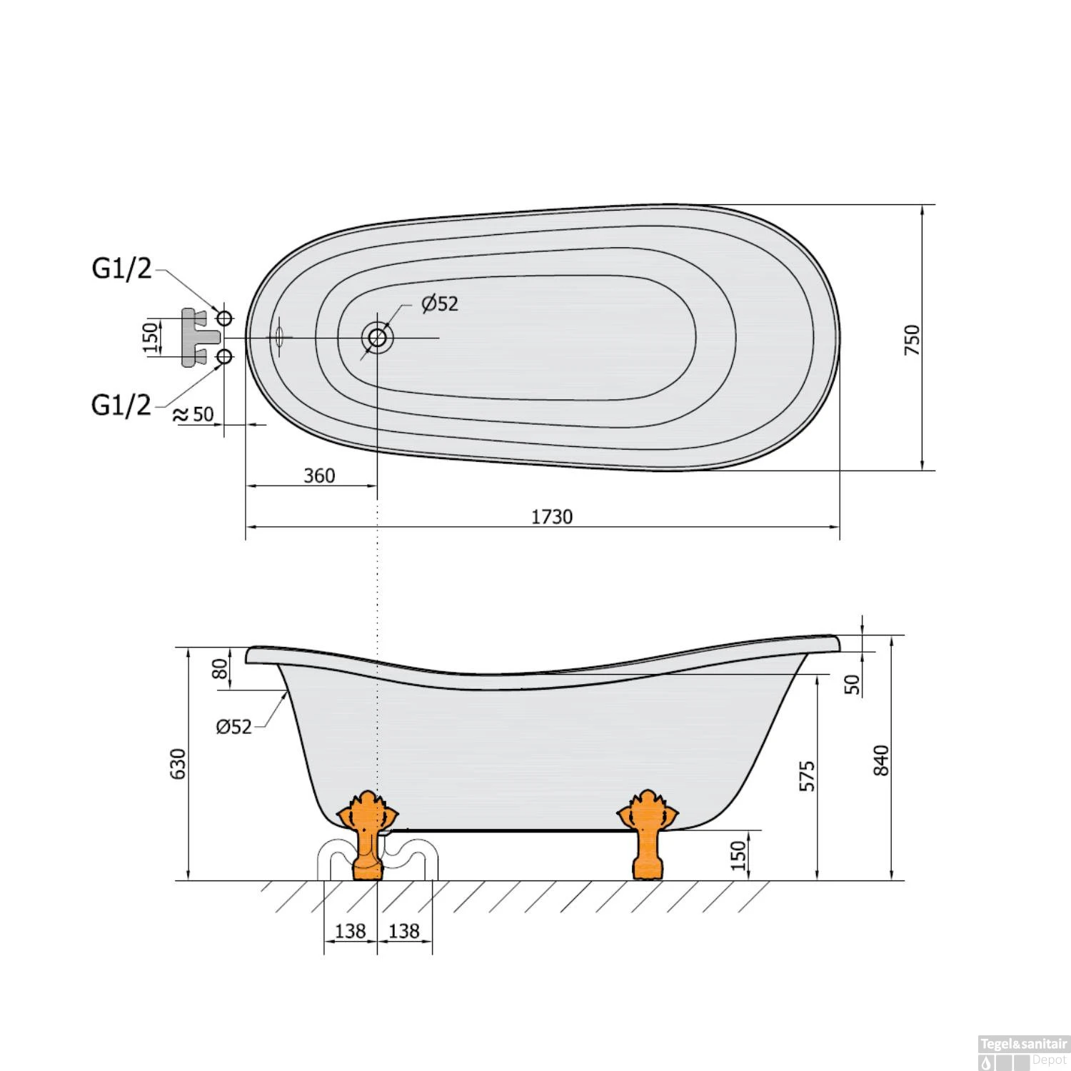 Vrijstaand Bad Sapho Retro 173x75x84 Cm Wit / Zwart Met Leeuwenpoten - Afbeelding 6