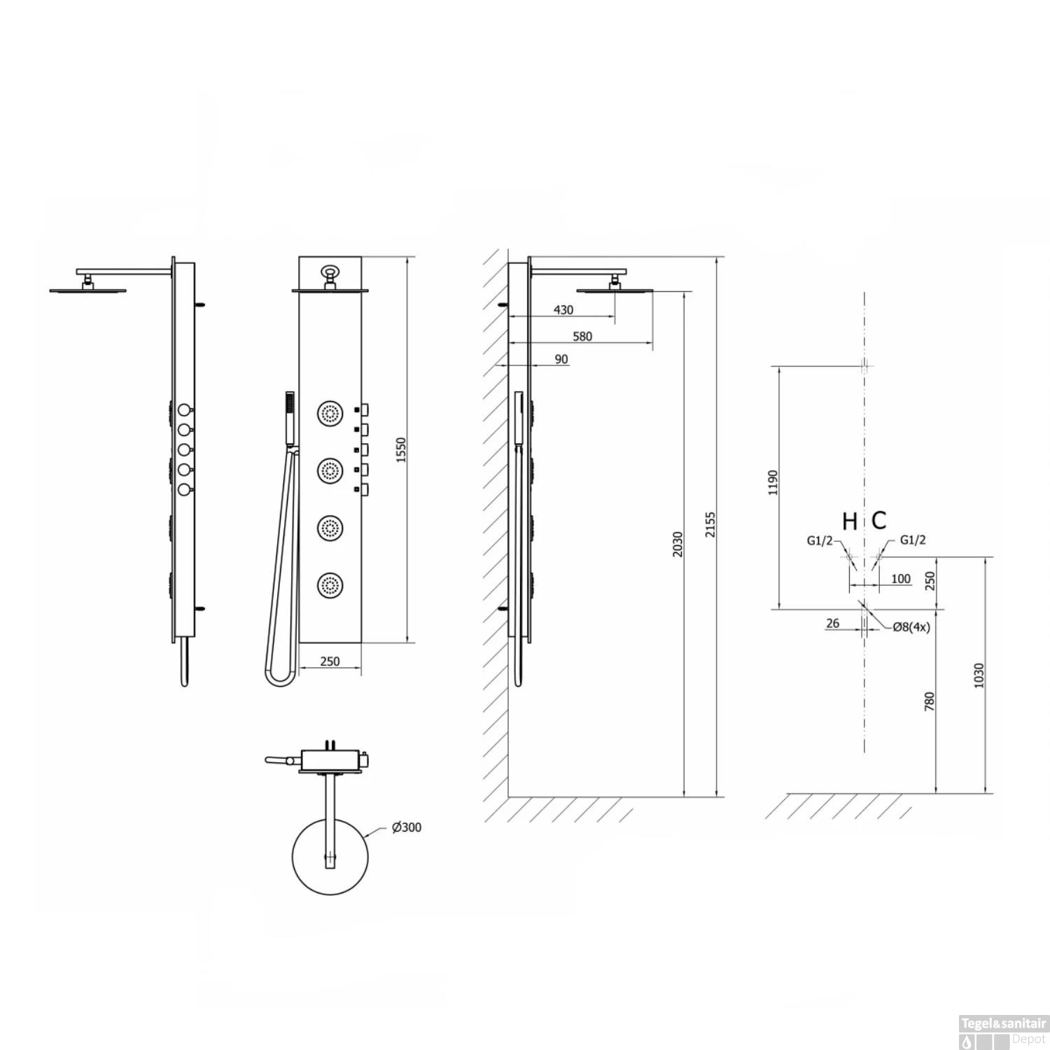 Douchepaneel Sapho 5Side 155x25 Cm Mengkraan Rond Aluminium 9 Douchepaneel Sapho 5Side 155x25 Cm Mengkraan Rond Aluminium - Afbeelding 9