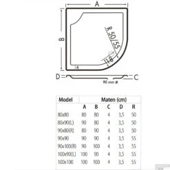 Kwartrond Douchebak Bounty 80 X 80 X 4 Cm Crème -Baden Luxe Verkoop 80x80 bounty creme technische tekening