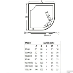 Kwartrond Douchebak Bounty 80 X 90 X 4 Cm Crème -Baden Luxe Verkoop 80x90 bounty creme technische tekening