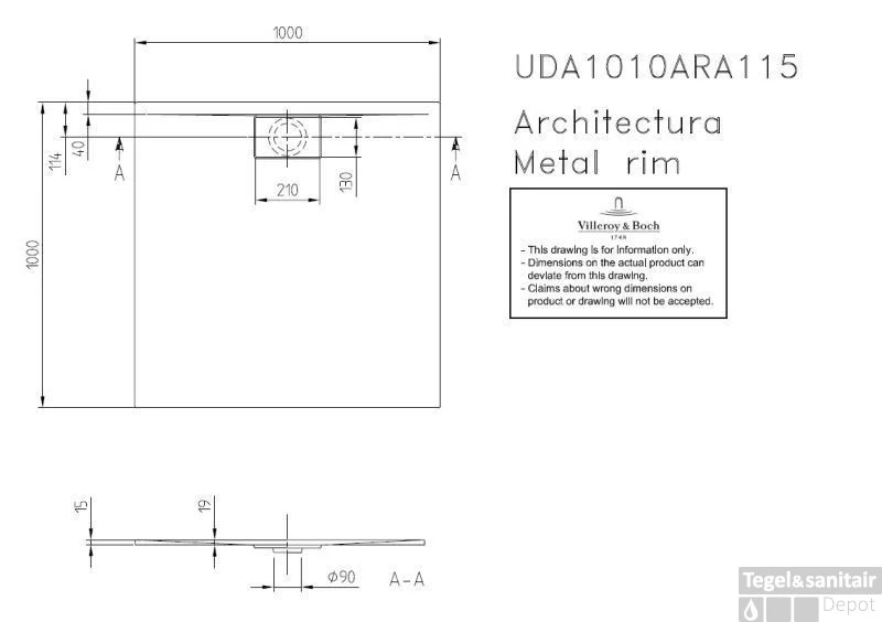 Villeroy & Boch Architectura Douchebak 100 X 100 X 1.5 Cm. Metalrim Creme 2 Villeroy & Boch Architectura Douchebak 100 X 100 X 1.5 Cm. Metalrim Creme - Afbeelding 2