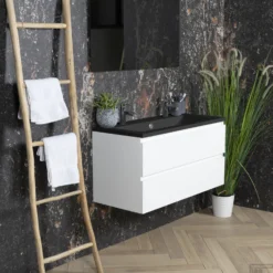 ACTIE BWS Badmeubel | Paris | 100cm | Wastafel Mat Zwart | 1 Of 2 Kraangaten | Compleet | Hoogglans Wit