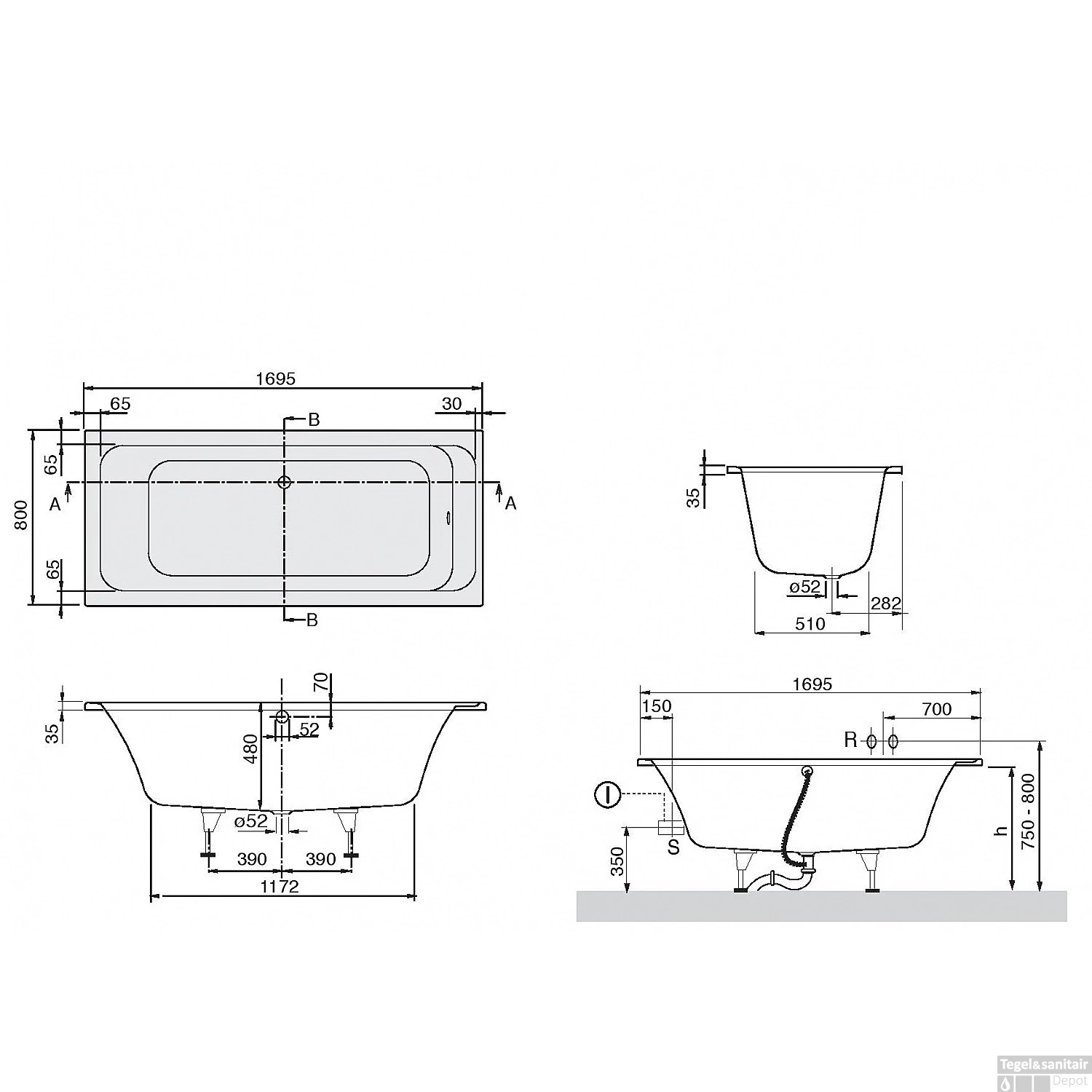 Ligbad Villeroy & Boch Omnia Architectura Rechthoek Duo 170x80 Cm Wit 3 Ligbad Villeroy & Boch Omnia Architectura Rechthoek Duo 170x80 Cm Wit - Afbeelding 3