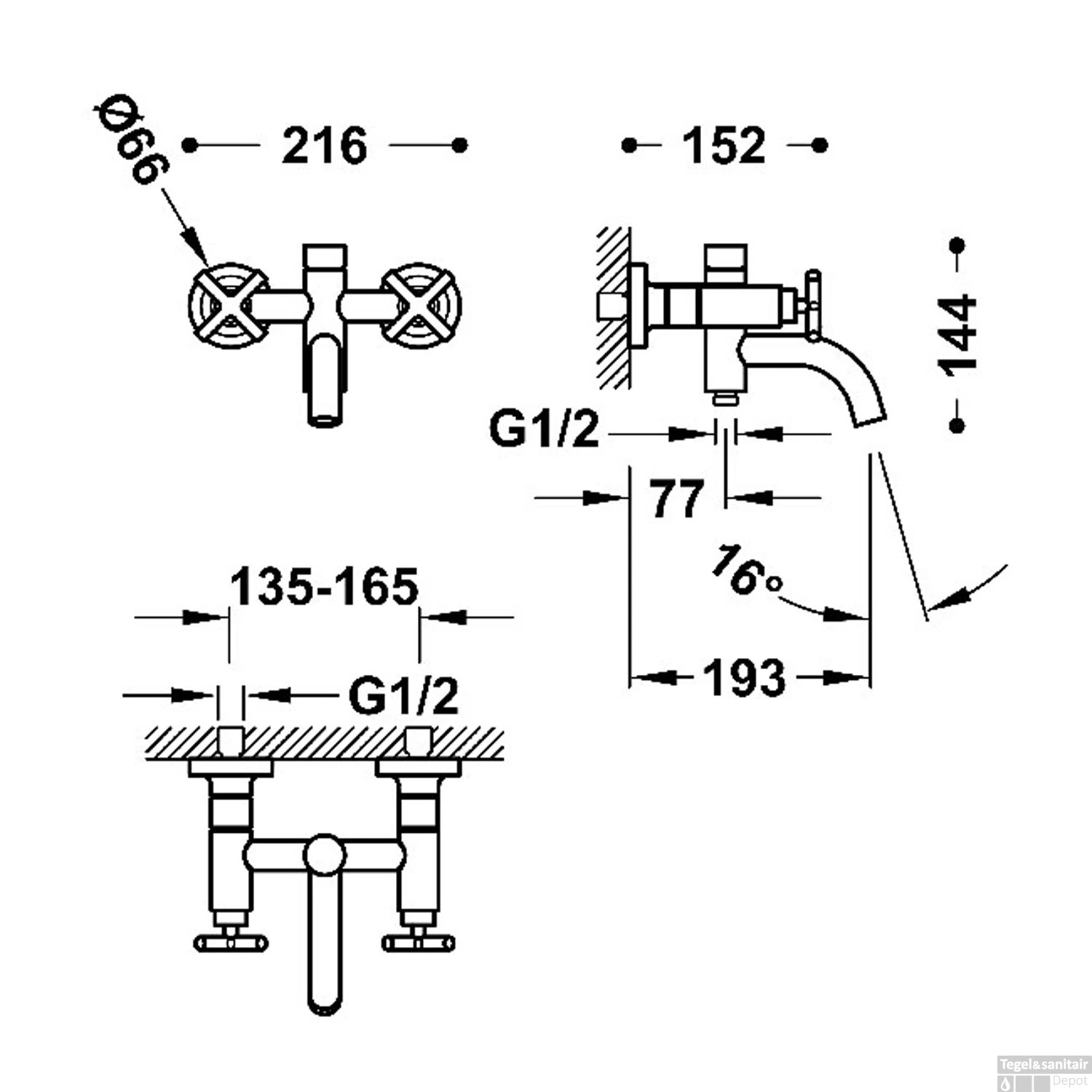 Bad- En Douchemengkraan Tres Mont Blanc 2-Kruisgreep Met Staafhanddouche Mat Zwart - Afbeelding 2
