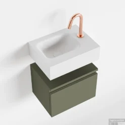 MONDIAZ ANDOR 40cm Toiletmeubel Army. LEX 40cm Wastafel Talc Links 1 Kraangat