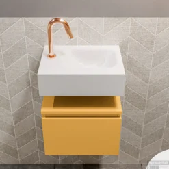 MONDIAZ ANDOR 40cm Toiletmeubel Ocher. LEX 40cm Wastafel Talc Rechts 1 Kraangat -Baden Luxe Verkoop badkamermeubel andor ocher model lex vrijhangend talc front 0003
