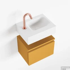 MONDIAZ ANDOR 40cm Toiletmeubel Ocher. LEX 40cm Wastafel Talc Rechts 1 Kraangat