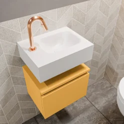 MONDIAZ ANDOR 40cm Toiletmeubel Ocher. LEX 40cm Wastafel Talc Rechts 1 Kraangat -Baden Luxe Verkoop badkamermeubel andor ocher model lex vrijhangend talc sidetop 0003