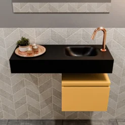 MONDIAZ ANDOR 40cm Toiletmeubel Ocher. LEX 80cm Wastafel Urban Rechts 1 Kraangat -Baden Luxe Verkoop badkamermeubel andor ocher model lex vrijhangend urban front 0021