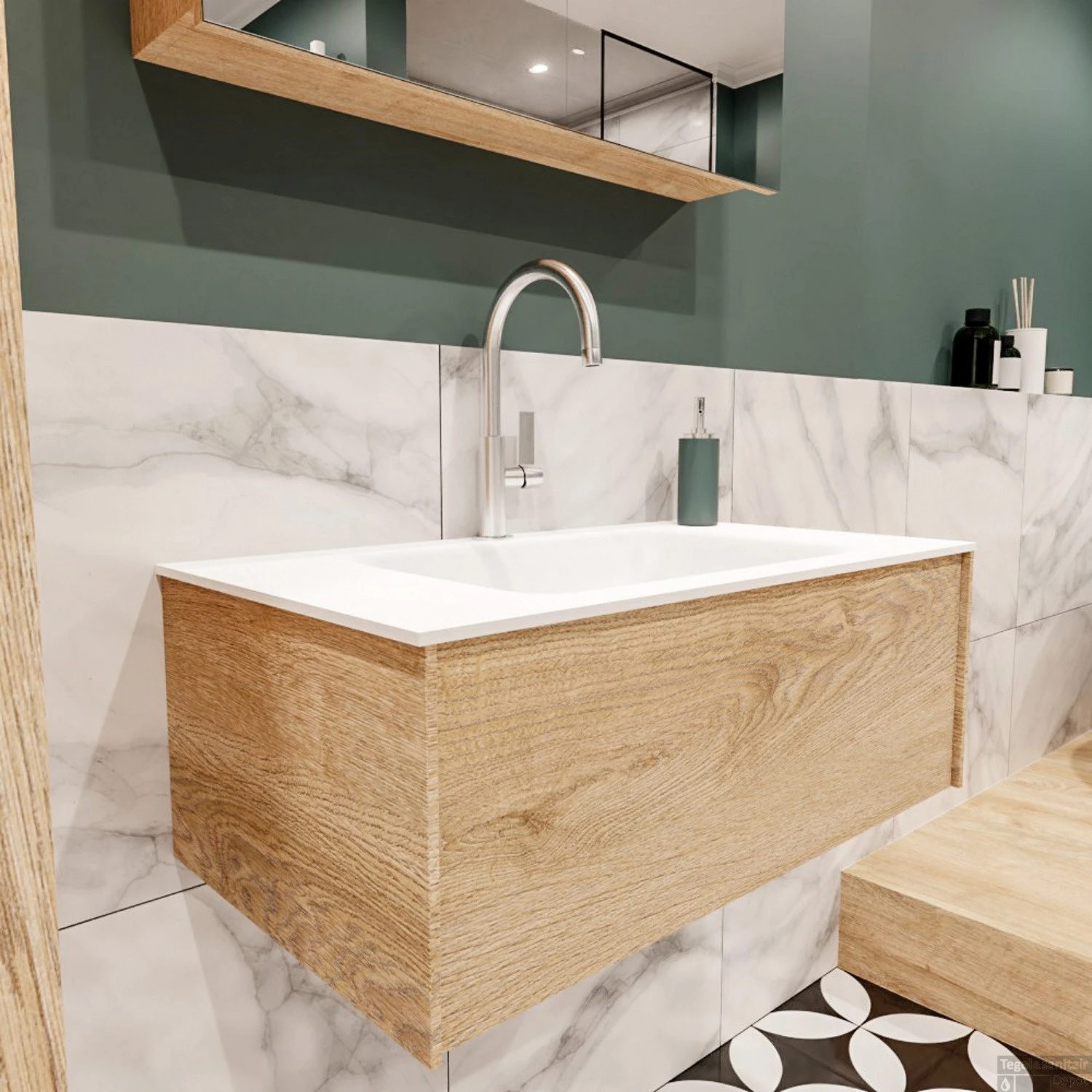 Badkamermeubel BWS Madrid Washed Oak 80 Cm Solid Surface Wastafel (zonder Of Met Kraangat) 2 Badkamermeubel BWS Madrid Washed Oak 80 Cm Solid Surface Wastafel (zonder Of Met Kraangat) - Afbeelding 2