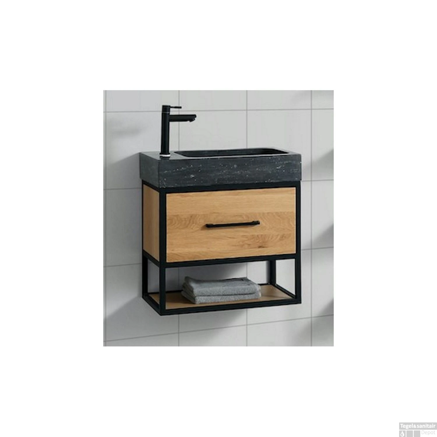 Badkamermeubel Casajoy Miami Compact 55x32x46cm Eiken Met Natuurstenen Wastafel - Afbeelding 2