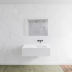Badkamermeubelset Mondiaz LAGOM 100 Cm Rechtse Waskom Solid Surface Zonder Kraangaten Mat Wit (1 Lade)