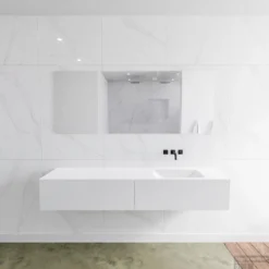 Baden Luxe Verkoop 12 Badkamermeubelset Mondiaz LAGOM 180 Cm Rechtse Waskom Solid Surface Zonder Kraangaten Mat Wit (2 Laden)