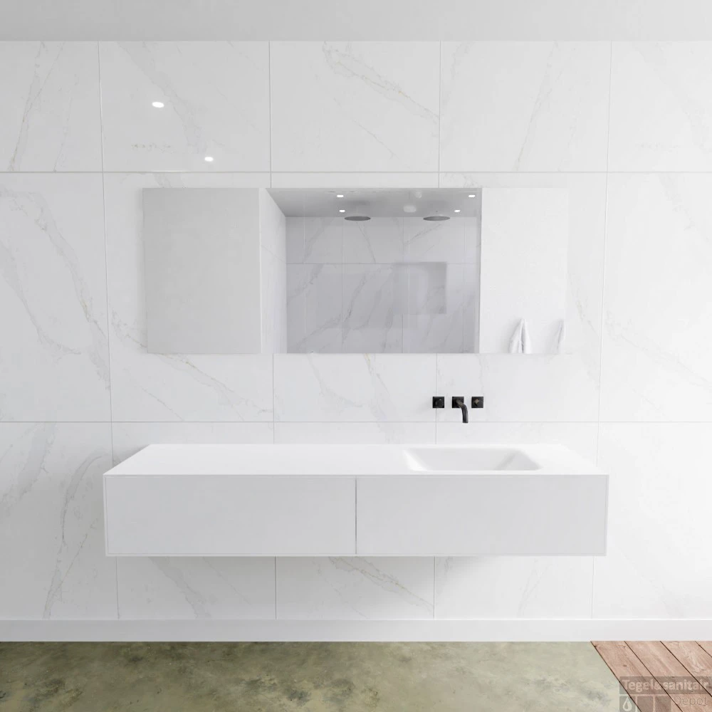 Badkamermeubelset Mondiaz LAGOM 180 Cm Rechtse Waskom Solid Surface Zonder Kraangaten Mat Wit (2 Laden) 1 Badkamermeubelset Mondiaz LAGOM 180 Cm Rechtse Waskom Solid Surface Zonder Kraangaten Mat Wit (2 Laden)