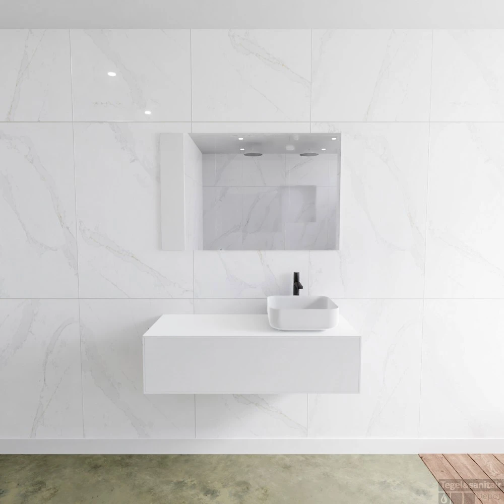 Badkamermeubelset Mondiaz LAGOM 110 Cm Met Topblad Rechtse Wastafel Solid Surface Opzetkom Binx Met 1 Kraangat Mat Wit (1 Lade) 1 Badkamermeubelset Mondiaz LAGOM 110 Cm Met Topblad Rechtse Wastafel Solid Surface Opzetkom Binx Met 1 Kraangat Mat Wit (1 Lade)