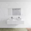 Badkamermeubelset Mondiaz LAGOM 140 Cm Met Topblad Dubbele Wastafel Solid Surface Opzetkom Binx Met 2 Kraangaten Mat Wit (2 Laden)