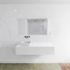 Badkamermeubelset Mondiaz LAGOM 140 Cm Met Topblad Linkse Wastafel Solid Surface Opzetkom Binx Zonder Kraangaten Mat Wit (1 Lade)