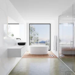 Badkamermeubelset Mondiaz LAGOM 130 Cm Topblad Met Rechtse Wastafel Solid Surface Opzetkom Binx Zonder Kraangaten Mat Zwart (1 Lade) -Baden Luxe Verkoop badkamermeubel met solid surface wastafel model lagom side 00161