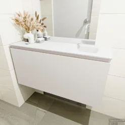 MONDIAZ OLAN 100cm Toiletmeubel Linen. LEX Wastafel Talc Rechts Geen Kraangat -Baden Luxe Verkoop badkamermeubel olan linen model lex talc mid 0024