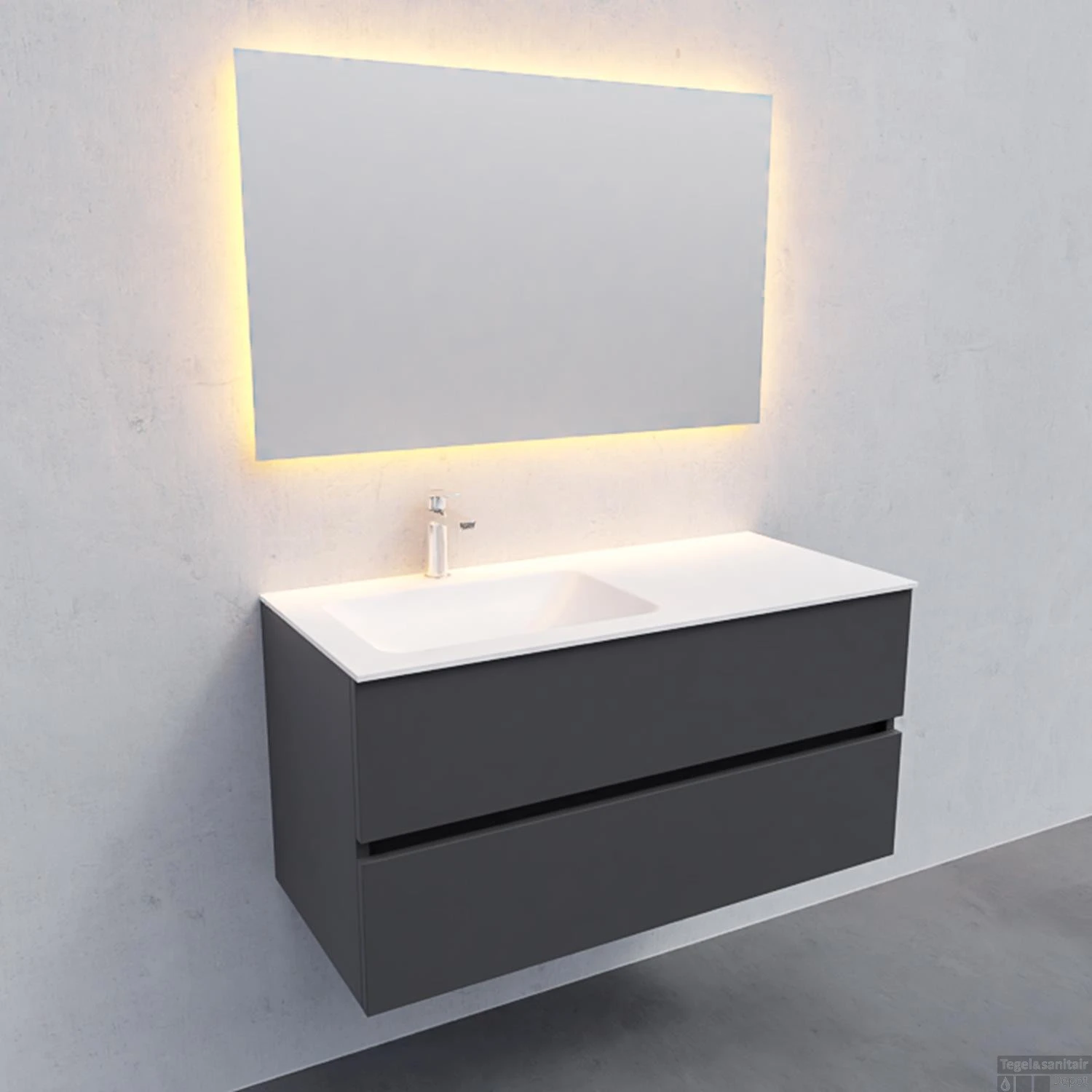 Badkamermeubel Solid Surface BWS Oslo 100x46 Cm Links Mat Antraciet (met 1 Kraangat) - Afbeelding 3