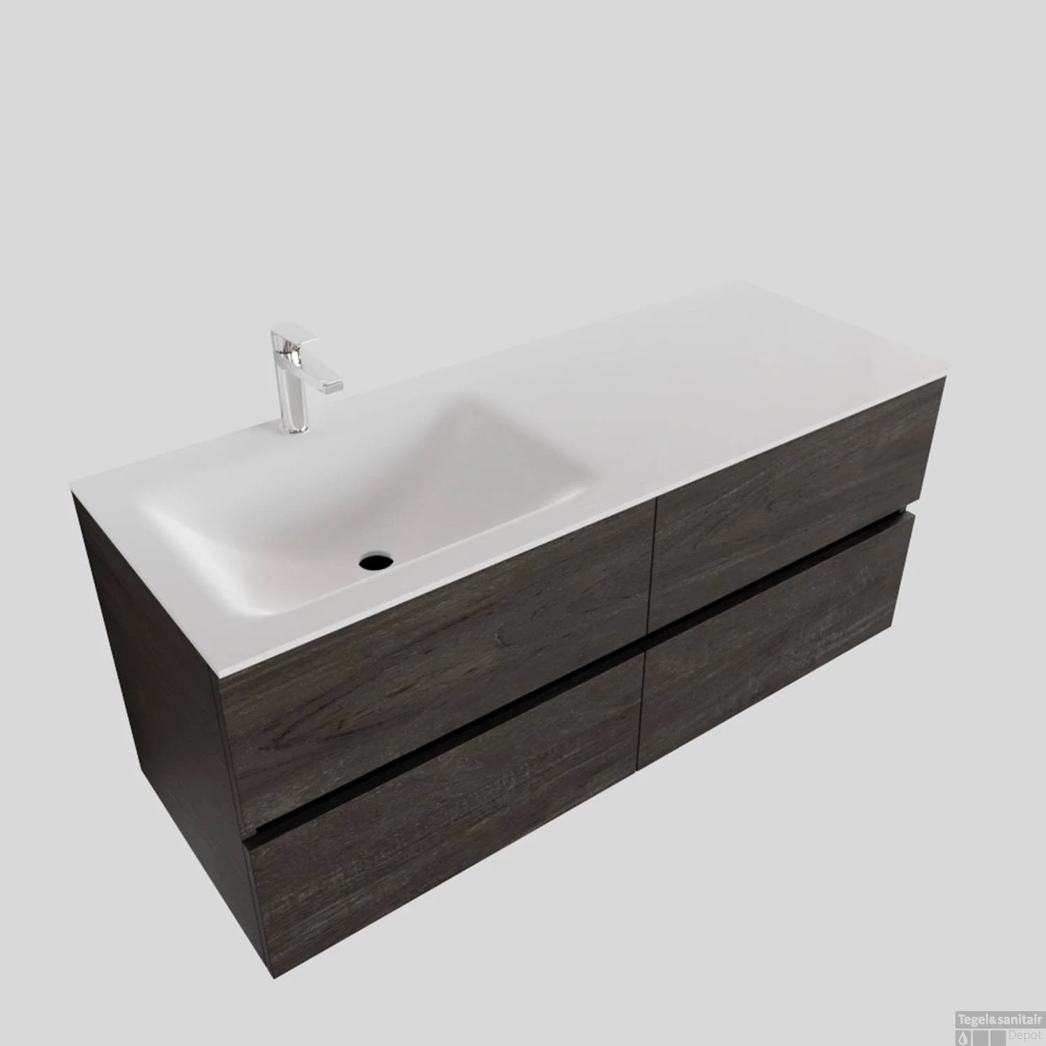 Badkamermeubel Solid Surface BWS Oslo 120x46 Cm Links Wood Dark Brown 4 Laden (met 1 Kraangat) - Afbeelding 2