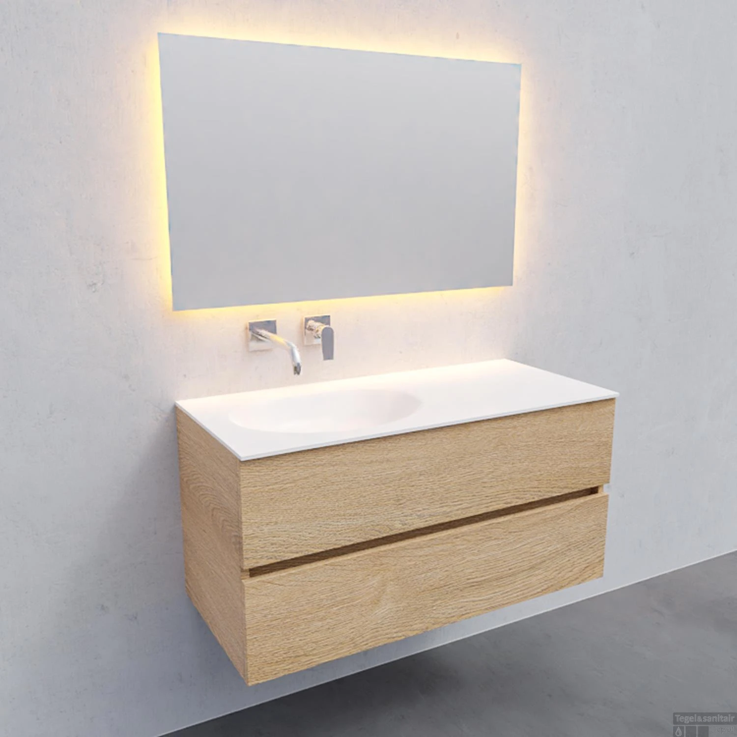 Badkamermeubel Solid Surface BWS Stockholm 100x46 Cm Links Wood Washed Oak (0 Kraangaten) - Afbeelding 3