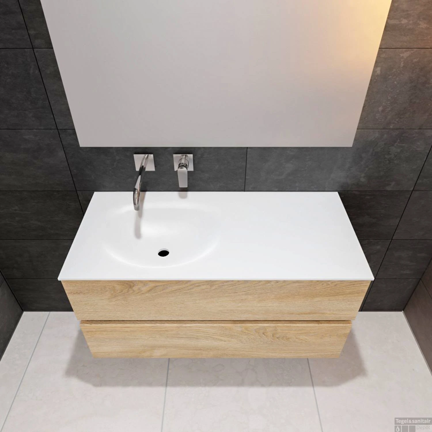 Badkamermeubel Solid Surface BWS Stockholm 100x46 Cm Links Wood Washed Oak (0 Kraangaten) - Afbeelding 4