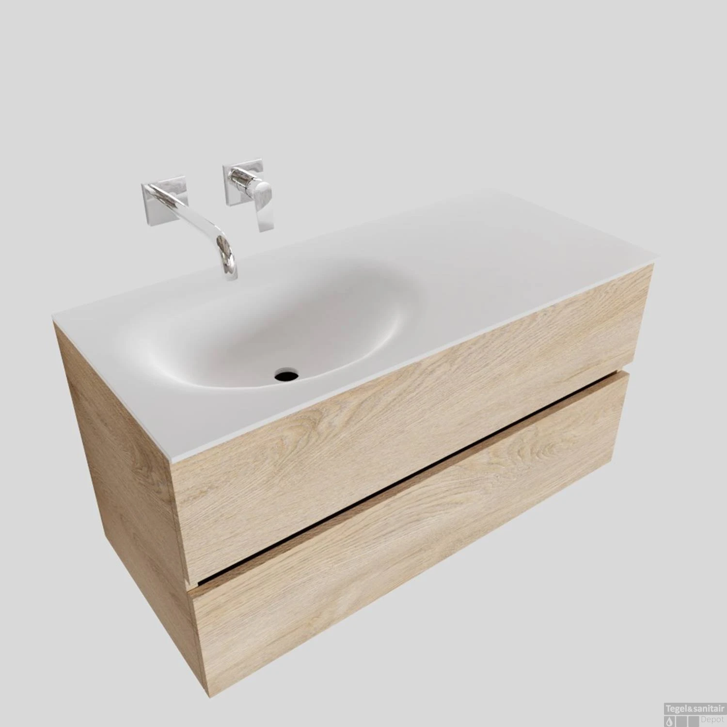 Badkamermeubel Solid Surface BWS Stockholm 100x46 Cm Links Wood Washed Oak (0 Kraangaten) - Afbeelding 2