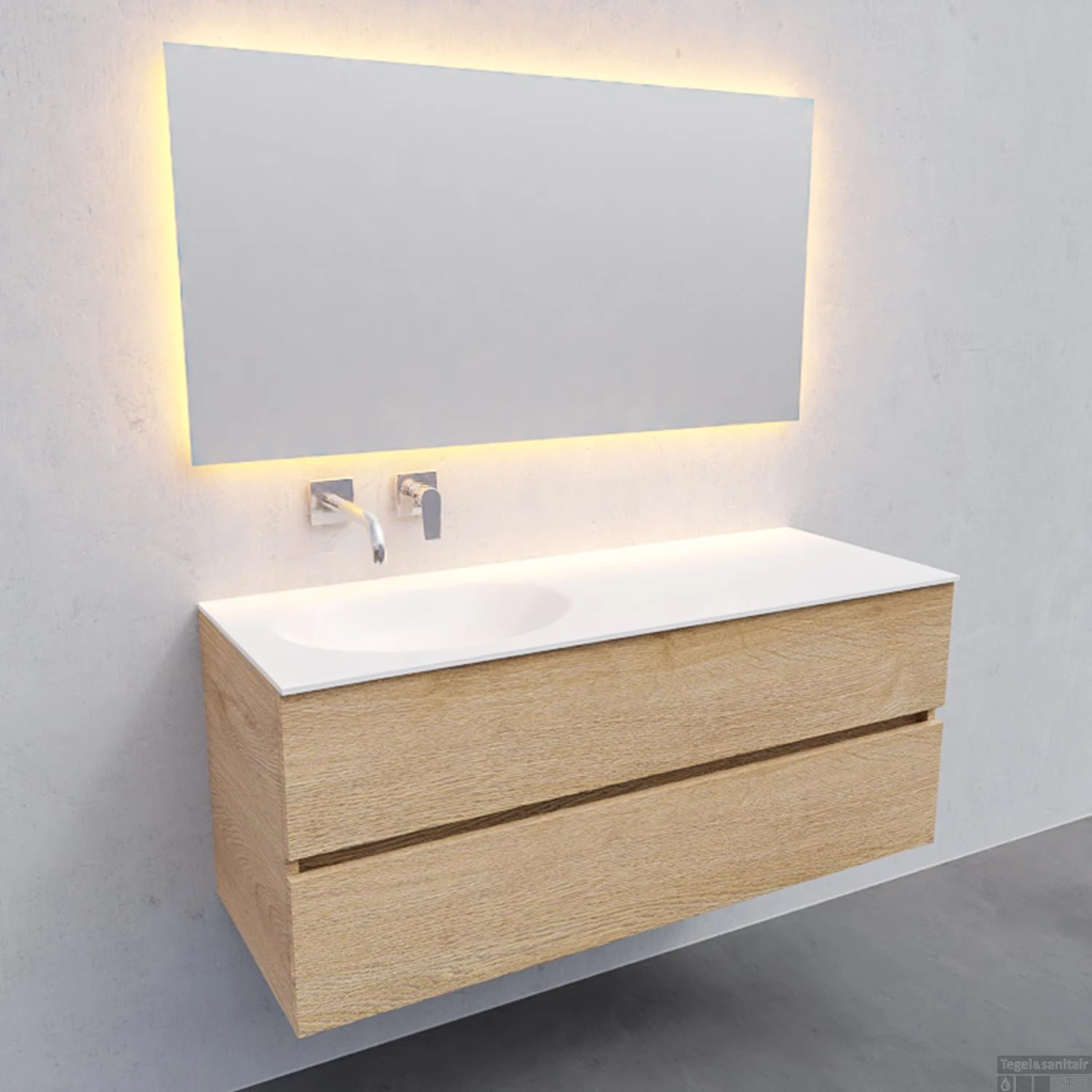 Badkamermeubel Solid Surface BWS Stockholm 120x46 Cm Links Wood Washed Oak (0 Kraangaten) 3 Badkamermeubel Solid Surface BWS Stockholm 120x46 Cm Links Wood Washed Oak (0 Kraangaten) - Afbeelding 3