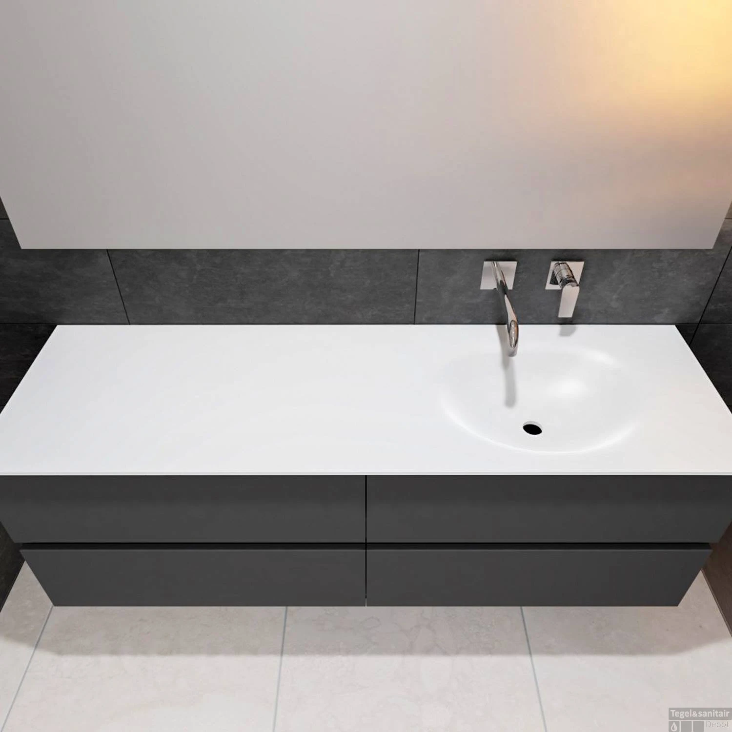 Badkamermeubel Solid Surface BWS Stockholm 150x46 Cm Rechts Mat Antraciet 4 Laden (zonder Kraangaten) - Afbeelding 4