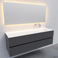 Badkamermeubel Solid Surface BWS Stockholm 150x46 Cm Rechts Mat Antraciet 4 Laden (zonder Kraangaten) -Baden Luxe Verkoop badkamermeubel solid surface bws stockholm 150x46 cm rechts mat antraciet 4 laden zonder kraangaten