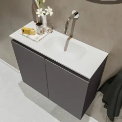 MONDIAZ TURE 60cm Toiletmeubel Dark Grey. EDEN Wastafel Talc Rechts Geen Kraangat 7 MONDIAZ TURE 60cm Toiletmeubel Dark Grey. EDEN Wastafel Talc Rechts Geen Kraangat -Baden Luxe Verkoop badkamermeubel ture dark grey model eden talc sidetop 0012
