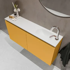 MONDIAZ TURE 100cm Toiletmeubel Ocher. EDEN Wastafel Talc Rechts 1 Kraangat -Baden Luxe Verkoop badkamermeubel ture ocher model eden talc sidetop 0023