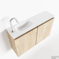 MONDIAZ TURE 80cm Toiletmeubel Washed Oak. EDEN Wastafel Talc Links 1 Kraangat