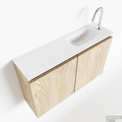 MONDIAZ TURE 80cm Toiletmeubel Washed Oak. EDEN Wastafel Talc Rechts 1 Kraangat