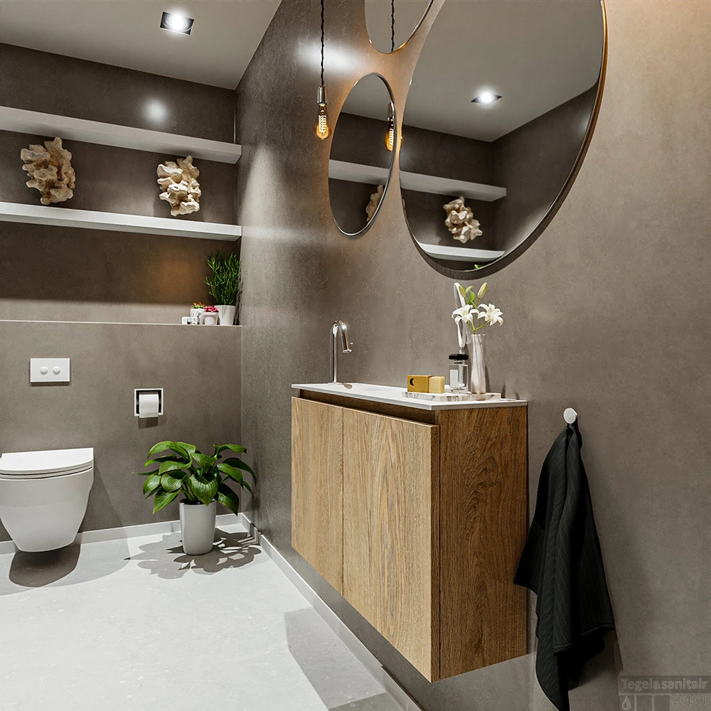 MONDIAZ TURE 80cm Toiletmeubel Washed Oak. EDEN Wastafel Talc Links 1 Kraangat 2 MONDIAZ TURE 80cm Toiletmeubel Washed Oak. EDEN Wastafel Talc Links 1 Kraangat - Afbeelding 2