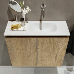 MONDIAZ TURE 60cm Toiletmeubel Washed Oak. EDEN Wastafel Talc Rechts Geen Kraangat -Baden Luxe Verkoop badkamermeubel ture washed oak model eden talc top 00012