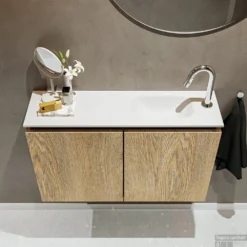 MONDIAZ TURE 80cm Toiletmeubel Washed Oak. EDEN Wastafel Talc Rechts 1 Kraangat -Baden Luxe Verkoop badkamermeubel ture washed oak model eden talc top 00017